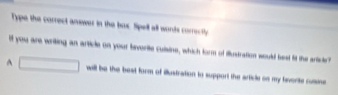 Type the correct answer in the box. Spell all words corret 
f you are writing an article on your favorite cuisine, which form of illustration would best fit the article 
^ will be the best form of illustration to support the article on my favorite cuisine.