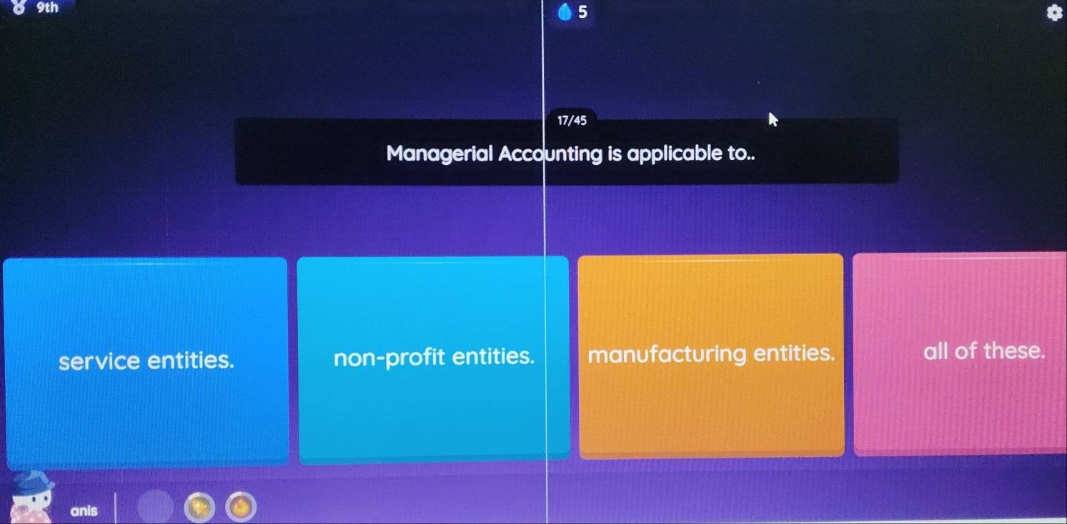 9th
5
17/45
Managerial Accounting is applicable to..
service entities. non-profit entities. manufacturing entities. all of these.