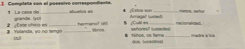 Completa con el posesivo correspondiente. 
1 La casa de _abuelos es 4 ¿Estos son_ nietos, señor 
grande. (yo) Arriaga? (usted) 
2 ¿Este chico es _hermano? (él) 5 ¿Cuál es _nacionallidad, 
3 Yolanda, yo no tengo _libros. señores? (ustedes) 
()
6 Niños, os Ilama_ madre a los 
dos. (vosotros)