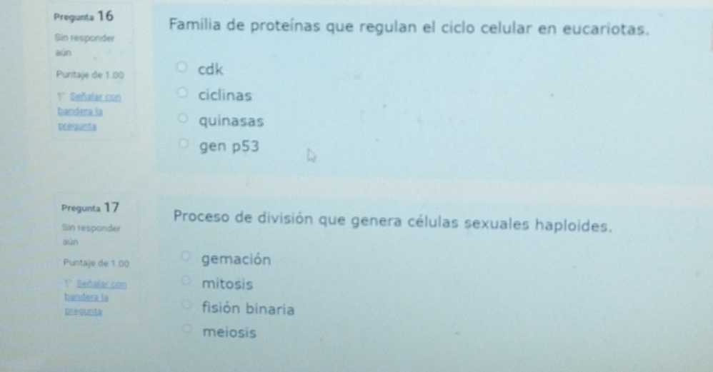 Pregunta 16 Familia de proteínas que regulan el ciclo celular en eucariotas.
Sin responder
aún
Puntaje de 1.00 cdk
Y' Señalar con ciclinas
bandera la
Degunia quinasas
gen p53
Pregunta 17 Proceso de división que genera células sexuales haploides.
Sin responder
aún
Puntaje de 1.00 gemación
1* Señalar con mitosis
bandera la fisión binaria
prequnia
meiosis