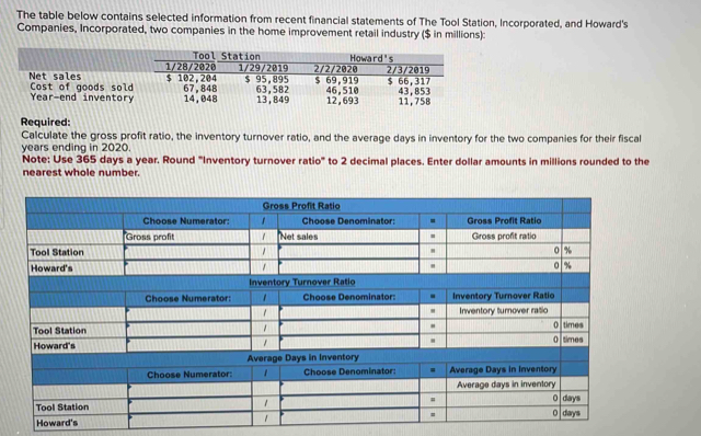 The table below contains selected information from recent financial statements of The Tool Station, Incorporated, and Howard's 
Companies, Incorporated, two companies in the home improvement retail industry ($ in millions): 
Net sales Cost of goods so
Year -end invento 
Required: 
Calculate the gross profit ratio, the inventory turnover ratio, and the average days in inventory for the two companies for their fiscal
years ending in 2020. 
Note: Use 365 days a year. Round 'Inventory turnover ratio' to 2 decimal places. Enter dollar amounts in millions rounded to the 
nearest whole number. 
1 Inventory turnover ratio