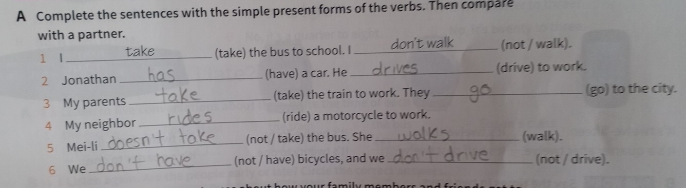 A Complete the sentences with the simple present forms of the verbs. Then compare 
with a partner. 
1 l _take (take) the bus to school. I _(not / walk). 
2 Jonathan _(have) a car. He_ (drive) to work. 
3 My parents_ (take) the train to work. They_ (go) to the city. 
4 My neighbor_ (ride) a motorcycle to work. 
5 Mei-li _(not / take) the bus. She _(walk). 
_ 
(not / have) bicycles, and we _(not / drive). 
6 We