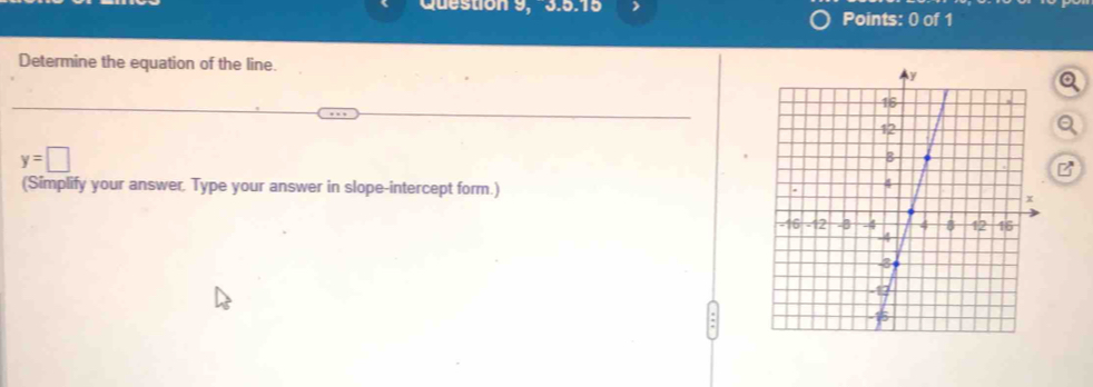 Question 9, ) Points: 0 of 1 
Determine the equation of the line.
y=□
(Simplify your answer. Type your answer in slope-intercept form.)