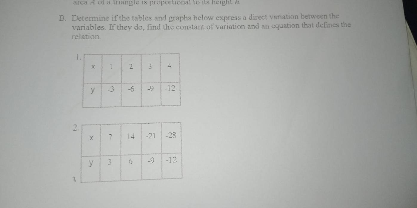 area A of a triangle is proportional to its height h. 
B. Determine if the tables and graphs below express a direct variation between the 
variables. If they do, find the constant of variation and an equation that defines the 
relation.