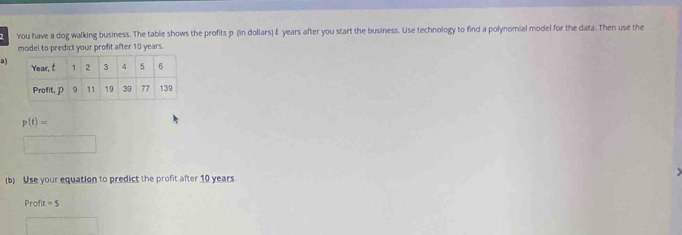 You have a dog walking business. The table shows the profits p (in dollars) £ years after you start the business. Use technology to find a polynomial model for the data. Then use the 
odel to predict your profit after 10 years. 
a)
p(t)=
(b) Use your equation to predict the profit after 10 years. 
Profit =5