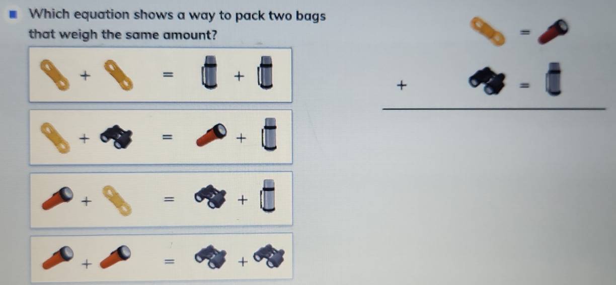 Which equation shows a way to pack two bags
that weigh the same amount?
8+8=□ +□
beginarrayr 5.6 +1 hline endarray
b+a=a+l
a+b=a+□
a+a+widehat b=widehat a+widehat b