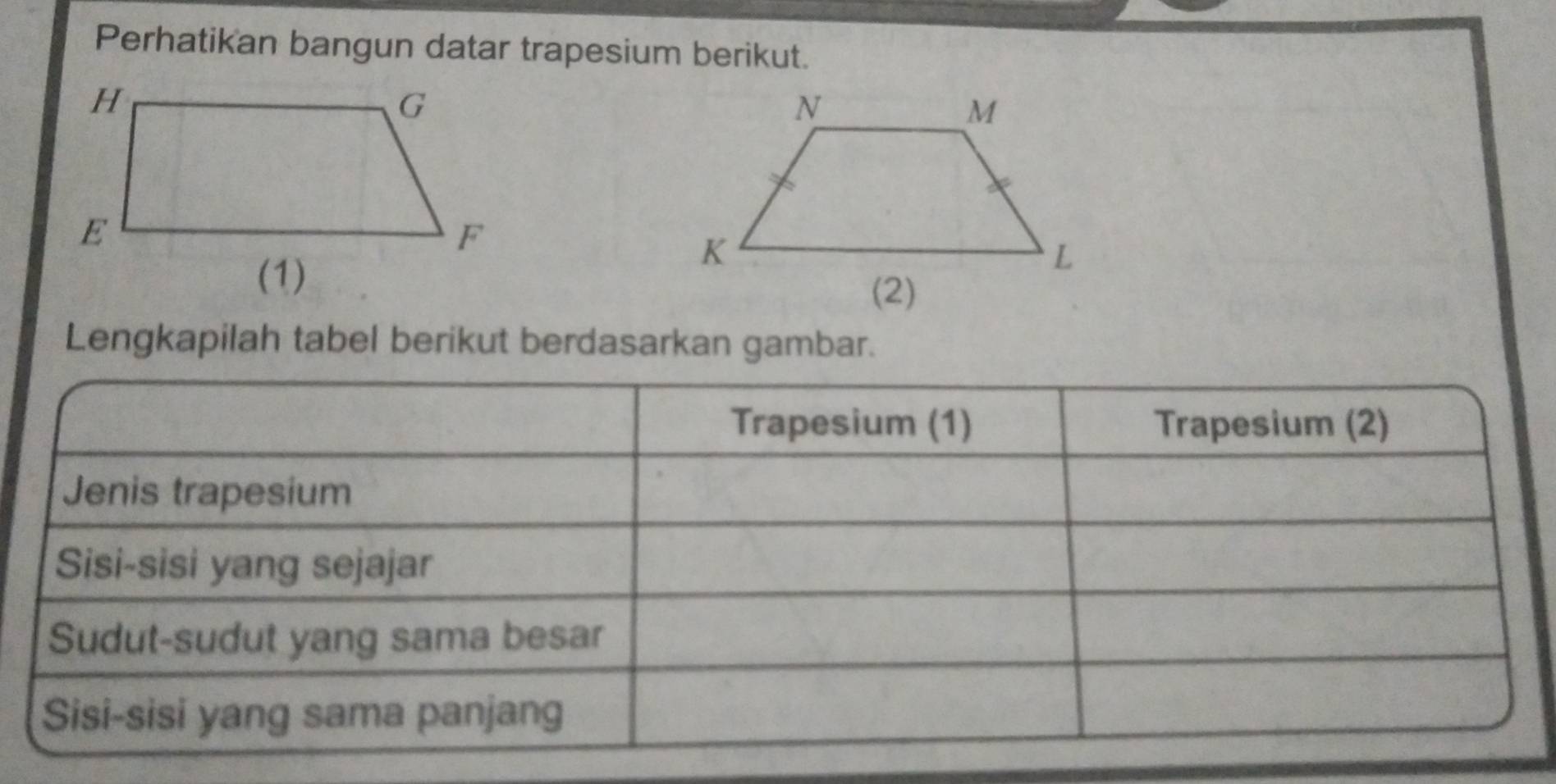 Perhatikan bangun datar trapesium berikut. 

Lengkapilah tabel berikut berdasarkan gambar. 
Trapesium (1) Trapesium (2) 
Jenis trapesium 
Sisi-sisi yang sejajar 
Sudut-sudut yang sama besar 
Sisi-sisi yang sama panjang