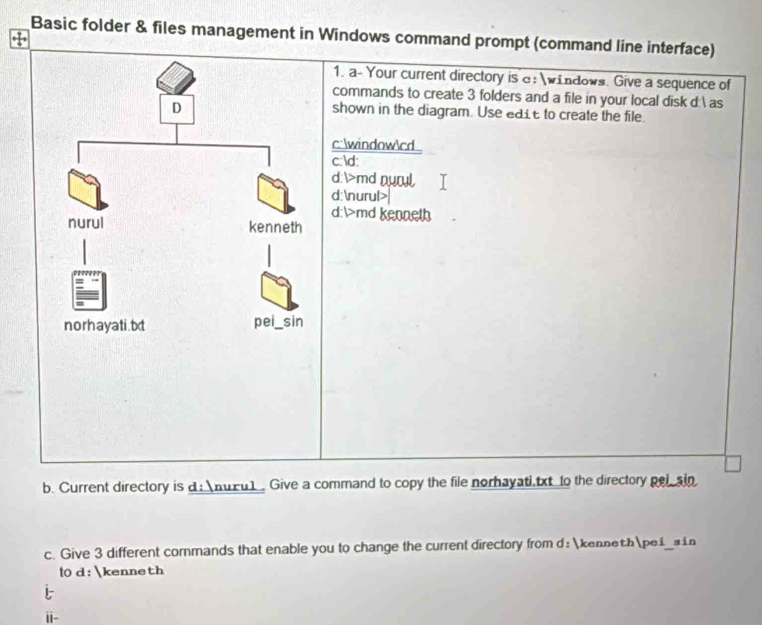 Basic folder & files management in Windows command prompt (command line interface)
1. a- Your current directory is e: windows. Give a sequence of
commands to create 3 folders and a file in your local disk d: as
shown in the diagram. Use edit to create the file.
c: windowcd
c: d:
d:>md nurul
d:nurul>
d:>md kenneth
b. Current directory is d: nu u1 Give a command to copy the file norhayati,txt to the directory pel_sin
c. Give 3 different commands that enable you to change the current directory from d: kennethpei_sin
l0 d: kenneth
i-