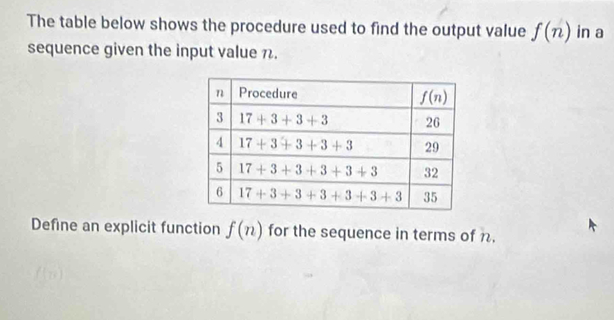 The table below shows the procedure used to find the output value f(n) in a
sequence given the input value π.
Define an explicit function f(n) for the sequence in terms of n.