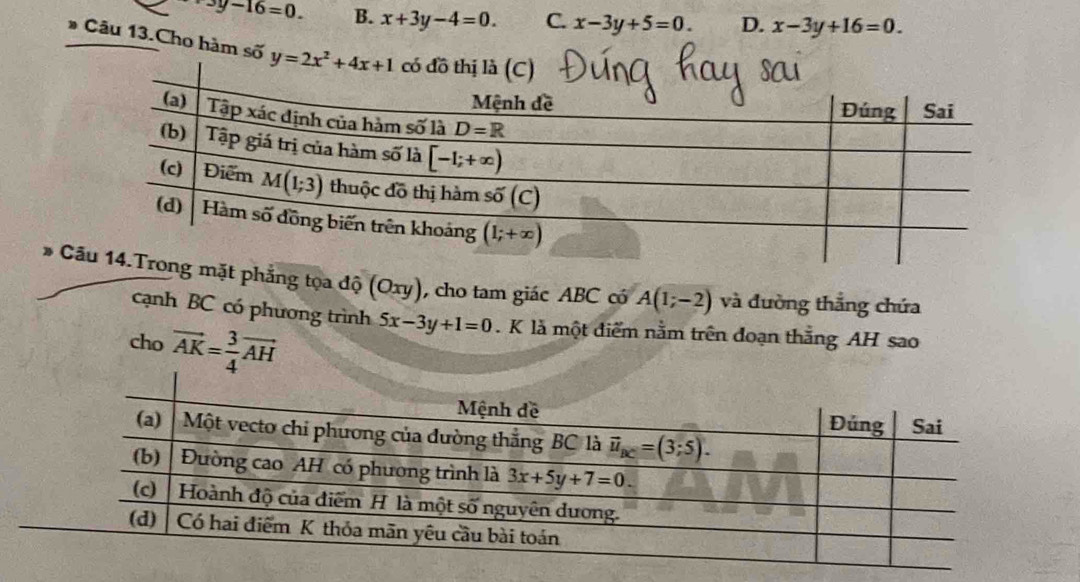 y-16=0. B. x+3y-4=0. C. x-3y+5=0. D. x-3y+16=0.
# Câu 13.Cho hàm số y=2x^2+4x+1
Chẳng tọa độ (Oxy), cho tam giác ABC có A(1;-2) và đường thắng chứa
cạnh BC có phương trình 5x-3y+1=0. K là một điểm nằm trên đoạn thắng AH sao
cho vector AK= 3/4 vector AH