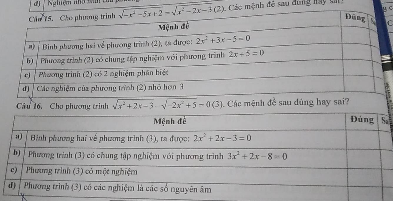 Nghiệm nhỏ nhất của
c
ác mệnh đề sau đùng hay san?
C
Câu 16. Cho phương trình sqrt(x^2+2x-3)-sqrt(-2x^2+5)=0(3) 0. Các mệnh đề sau đúng hay sa