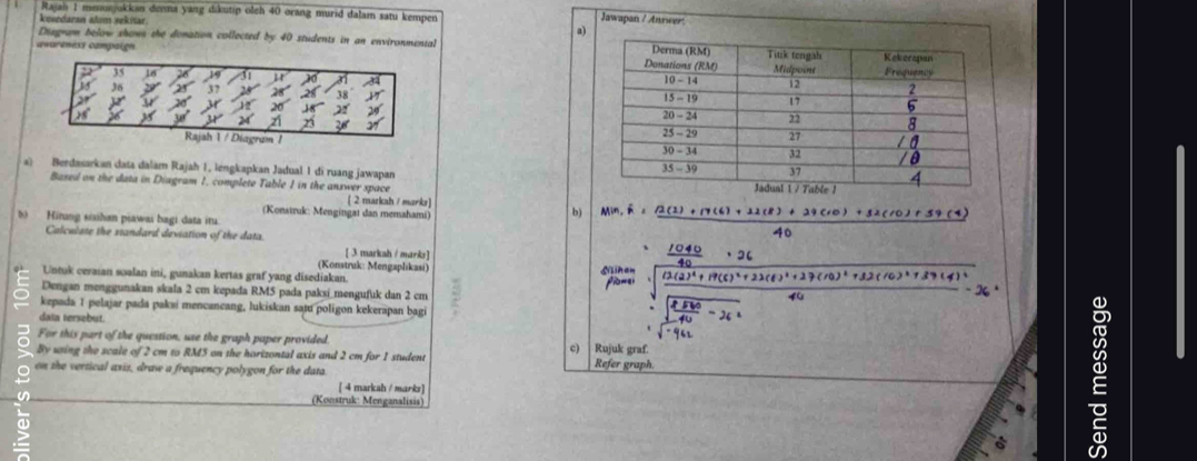 Rajah 1 menonjukkan denna yang dikutip olch 40 orang murid dalam satu kempen Jawapan / Anreer:
kesedaran alum sekitar.
a)
Diagram below shows the donation collected by 40 students in an environmental
awarénexs campaien
 
 
x) Berdasarkan data dalam Rajah 1, lengkapkan Jadual 1 di ruang jawapan 
Based on the data in Diagram 1, complete Table 1 in the answer space 
[ 2 markah / mark]
(Konstruk: Mengingat dan memahami)
b)
) Hirung sixihan piawai bagi data itu.
Calculate the standard deviation of the data.
[ 3 markah / marks ]
(Konstruk: Mengaplikasi) Silhan
Untuk ceraian soalan ini, gunakan kertas graf yang disediakan.
Dengan menggunakan skala 2 cm kepada RM5 pada paksi_mengufuk dan 2 cm
kepada 1 pelajar pada paksi mencancang, lukiskan satu poligon kekerapan bagi
data tersebut.
For this part of the question, use the graph paper provided. Rujuk graf.
c)
By using the scale of 2 cm to RM5 on the horizontal axis and 2 cm for 1 student Refer graph.
on the vertical axiz, draw a frequency polygon for the data.
[ 4 markah / marks]
(Konstruk: Menganalisis)