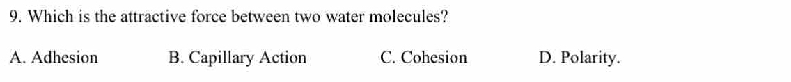 Which is the attractive force between two water molecules?
A. Adhesion B. Capillary Action C. Cohesion D. Polarity.