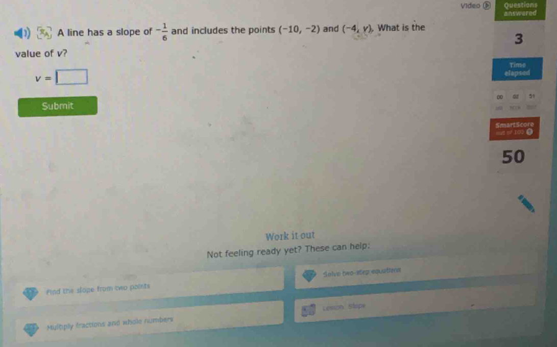 Video Questions 
answered 
A line has a slope of - 1/6  and includes the points (-10,-2) and (-4,y) What is the
3
value of v? 
Time
v=□
elapsed 
0D 07 51 
Submit 
SmartScore 
sut n 100 4
50
Work it out 
Not feeling ready yet? These can help: 
Find the slope from two points Solve two-atep equations 
Multply fractions and whole numbers Lemon Stape