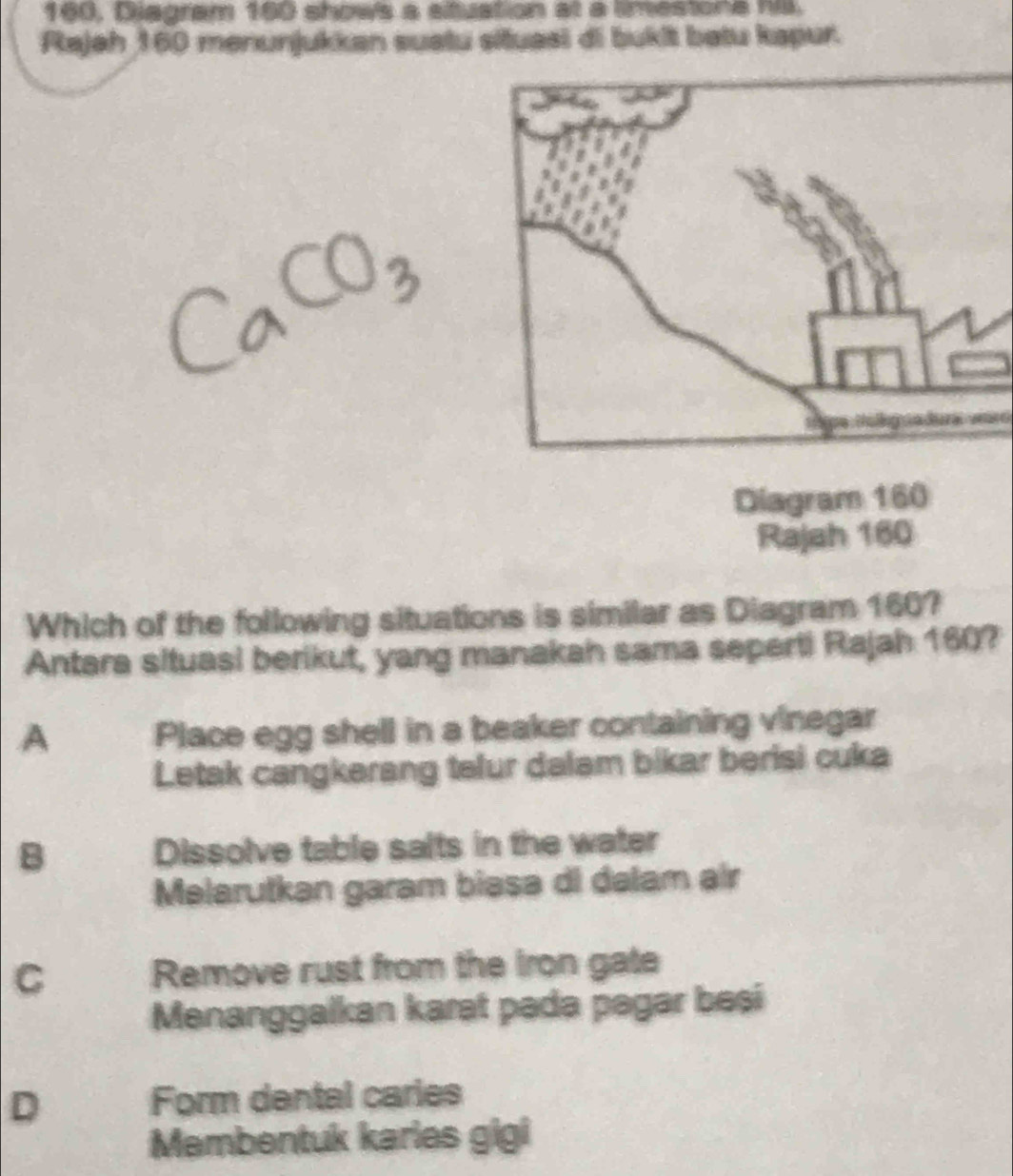 160, Diagram 160 shows a sltuation at a limestone his.
Rajah 160 menunjukkan suatu situasi di bukit betu kapur.
a
Rajah 160
Which of the following situations is similar as Diagram 160?
Antara situasi berikut, yang manakah sama seperti Rajah 160?
A Place egg shell in a beaker containing vinegar
Letak cangkerang telur dalam bikar berisi cuka
B Dissolve table salts in the water
Melarutkan garam biasa di dalam air
C Remove rust from the iron gate
Menanggalkan karət pada pegar besi
D Form dental caries
Membentuk karies gigi