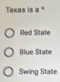 Texas is a *
Red State
Blue State
Swing State