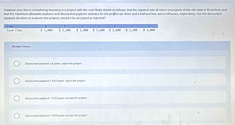 Suppose your firm is considering investing in a project with the cash flows shown as follows, that the required rate of return on projects of this risk class is 10 percent, and
that the maximum allowable payback and discounted payback statistics for the profect are three and a half and four and a half years, respectively. Use the discounted
payback decision to evaluate this project; should it be accepted or rejected?
Time θ 1 2 4 5 6
Cash Flow - $ 5,000 $ 1,200 $ 1,400 $ 1,600 $ 1,600 $ 1,100 $ 2,000
Multiple Chaice
Discounted payback > 5 years, reject the project
Discounted paybac k=4.67 years, reject the project
Discounted payback =4.25 years, accept the project
Discounted payback =350 years, accept the project