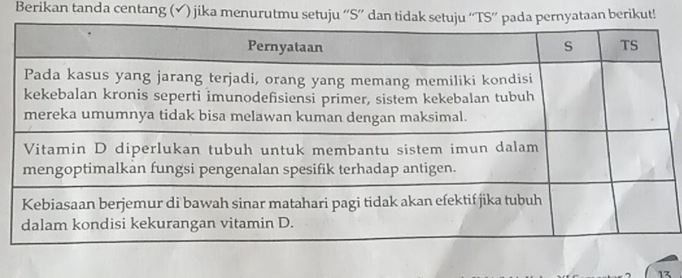 Berikan tanda centang (✔) jika menurutmu setuju ''S”' taan berikut! 
13