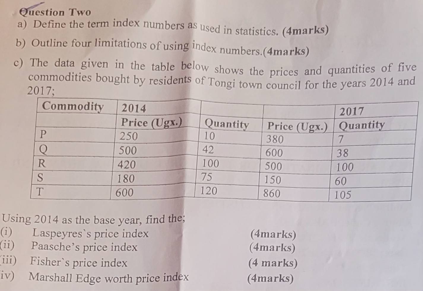 Question Two 
a) Define the term index numbers as used in statistics. (4marks) 
b) Outline four limitations of using index numbers.(4marks) 
c) The data given in the table below shows the prices and quantities of five 
commodities bought by residents of Tongi town council for the years 2014 and 
2017; 
Using 2014 as the base year, find the; 
(i) Laspeyres`s price index (4marks) 
(ii) Paasche’s price index (4marks) 
(iii) Fisher`s price index (4 marks) 
iv) Marshall Edge worth price index (4marks)