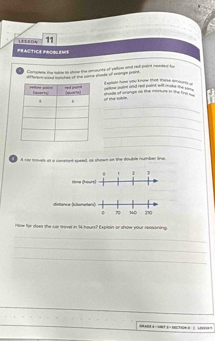 LESSON 11 
PRACTICE PROBLEMS 
Complete the table to show the omounts of yellow and red paint needed for 
different-sized batches of the same shade of orange paint. 
Explain how you know that these amounts of 
yellow paint and red paint will make the som . 
shade of orange as the mixture in the first row 
of the table. 
_ 
_ 
_ 
_ 
_ 
A car travels at a constant speed, as shown on the double number line. 
How far does the car travel in 14 hours? Explain or show your reasoning. 
_ 
_ 
_ 
GRADE 6 + UNIT 2 + SECTION D | LESSONI 11