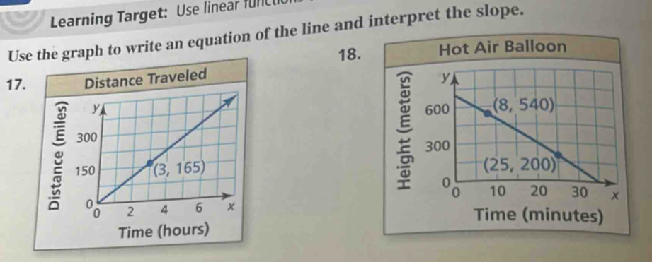 Learning Target: Use linear furCl
Use the graph to write an equation of the line and interpret the slope.
18. Hot Air Balloon
17.