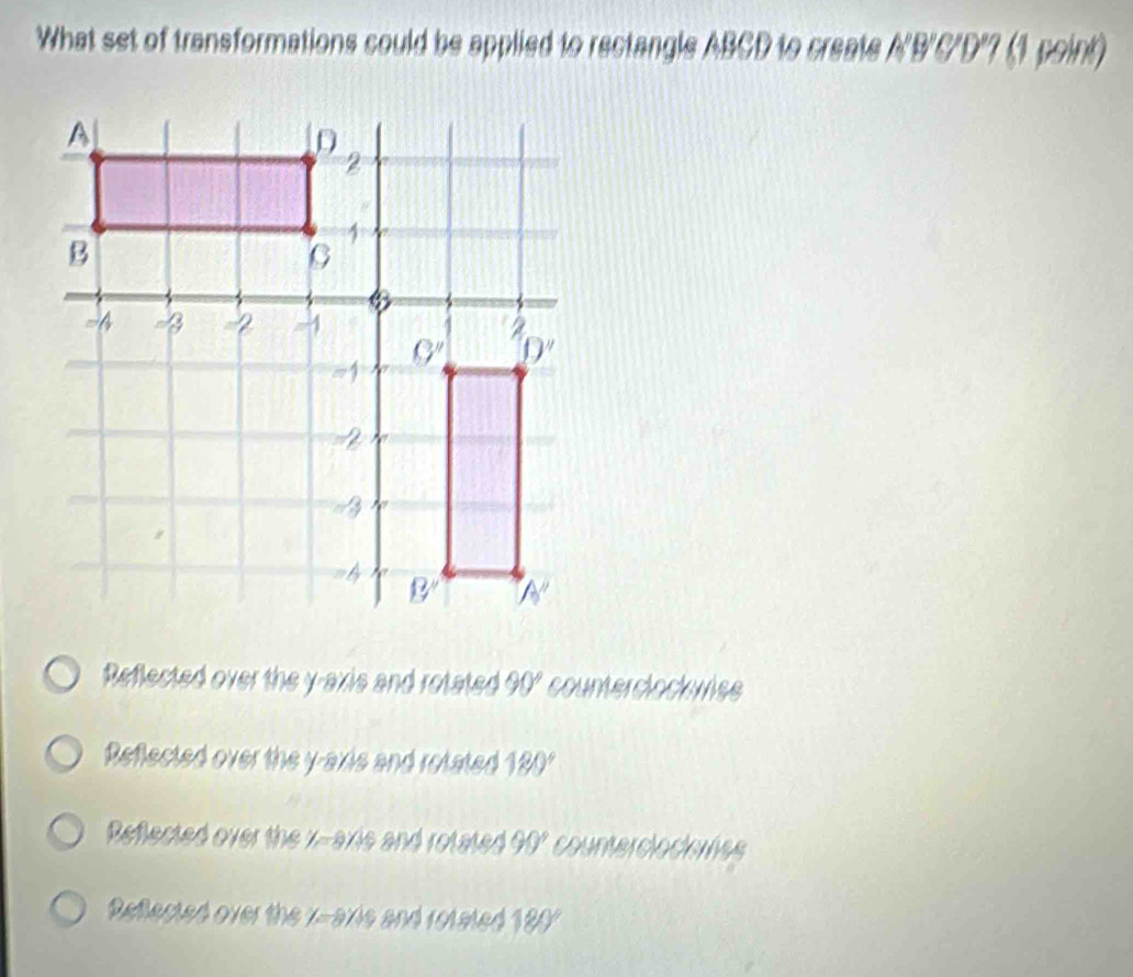 What set of transformations could be applied to rectangle ABCD to create A'B'C'D"? (1 point)
Reflected over the y-axis and rotated 90° counterclockwise
Reflected over the y-axie and rotated 180°
Reflected over the y=8)46/ and rotated 90° countercloclenes
Rellected over the y=8)49 and rotated 180°