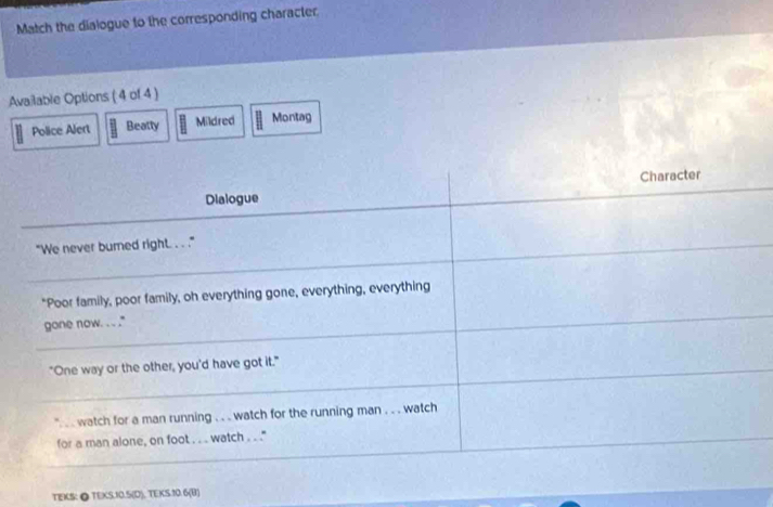 Match the dialogue to the corresponding character
Available Options ( 4 of 4 )
Police Alert Beatty Mildred Montag
TEKS: ● TEXS. 10.5 (D), TEKS.10.6(B)