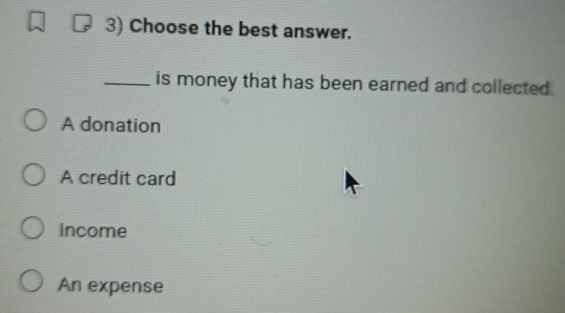 Choose the best answer.
_is money that has been earned and collected.
A donation
A credit card
Income
An expense