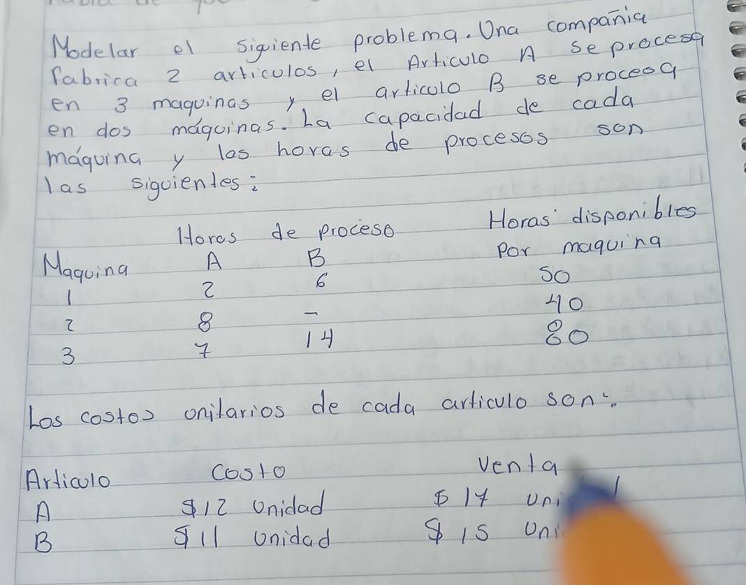 Modelar el sigiente problema. Ona compania
fabrica 2 articulos, el Articulo A Se proces
en 3 maguinas y el articulo B se procesq
en dos magoinas. La capacidad de cada
maguing y las horas de procesos son
las sigoientes:
Hores de proceso Horas' disponibles
Por maguing
Magoing
A
B
So
2
6
40
2
8
14
80
3
Los costor onilarios de cada articulo son"
Articolo costo
venta
A 12 Unidad
814 Uni
B 911 unidad S is Un