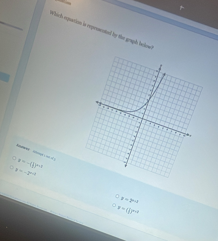 usition
Which equation is represented by the graph below
Answer Attempt 1 out of
y=-( 1/2 )^x+2
y=-2^(x+2)
y=2^(x+2)
y=( 1/2 )^x+2
Pricary Policy ( Termi of Servio