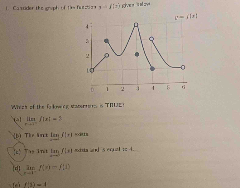 Consider the graph of the function y=f(x) given below.
Which of the following statements is TRUE?
(a) limlimits _xto 1^+f(x)=2
(b) The limit limlimits _xto 4f(x) exists
(c) The limit limlimits _xto 3f(x) exists and is equal to 4._
(d) limlimits _xto 1^-f(x)=f(1)
(e) f(3)=4