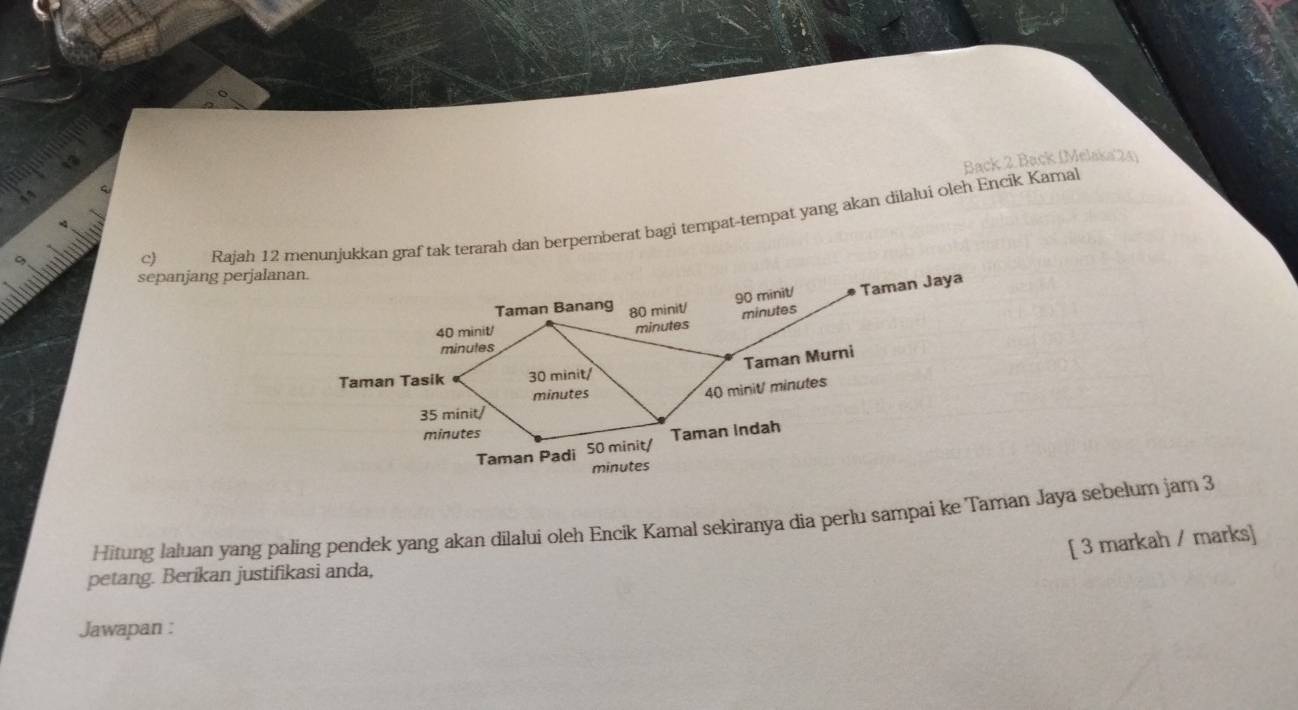 Back 2 Back (Melaka 24) 
c Rajah 12 menunjukkan graf tak terarah dan berpemberat bagi tempat-tempat yang akan dilalui oleh Encik Kamal 
sepanjang perjalanan.
90 minit / Taman Jaya 
Taman Banang 80 minit/
minutes
40 minit/ minutes
minules
Taman Murni 
Taman Tasik 30 minit /
minutes
40 minit/ minutes
35 minit/
minutes Taman Indah 
Taman Padi 50 minit/
minutes
Hitung laluan yang paling pendek yang akan dilalui oleh Encik Kamal sekiranya dia perlu sampai ke Taman Jaya sebelum jam 3
[ 3 markah / marks] 
petang. Berikan justifikasi anda, 
Jawapan :