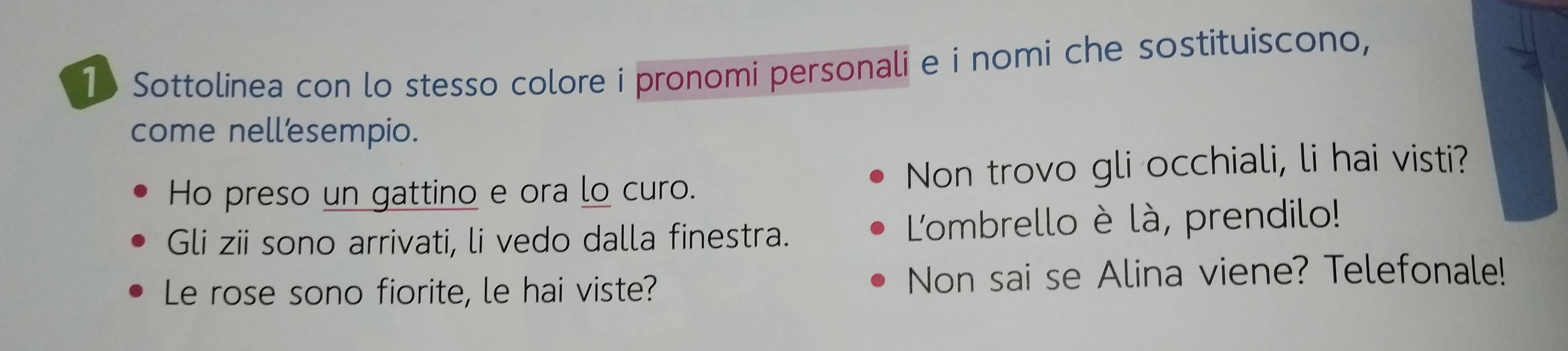 Sottolinea con lo stesso colore i pronomi personali e i nomi che sostituiscono, 
come nell’esempio. 
Ho preso un gattino e ora lo curo. Non trovo gli occhiali, li hai visti? 
Gli zii sono arrivati, li vedo dalla finestra. L'ombrello è là, prendilo! 
Le rose sono fiorite, le hai viste? Non sai se Alina viene? Telefonale!