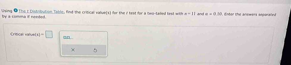 Using 2 The t Distribution Table, find the critical value(s) for the 1 test for a two-tailed test with n=11 and alpha =0.10. Enter the answers separated 
by a comma if needed. 
Critical value (s)=□ □,□,... 
× 5