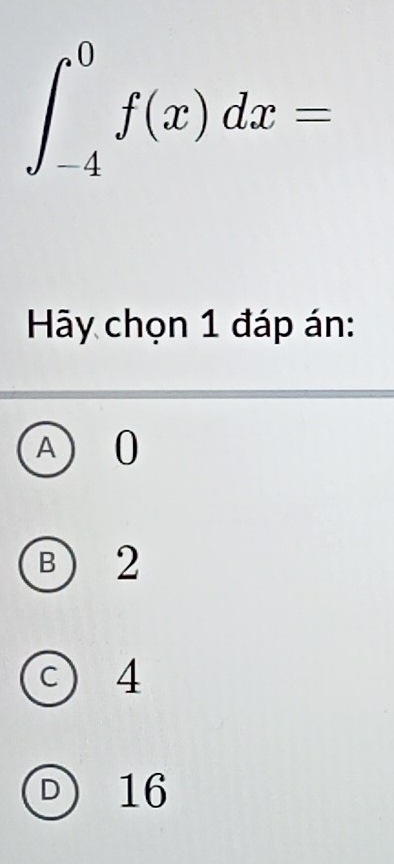 ∈t _(-4)^0f(x)dx=
Hy chọn 1 đáp án:
B) 2
c) 4
D) 16