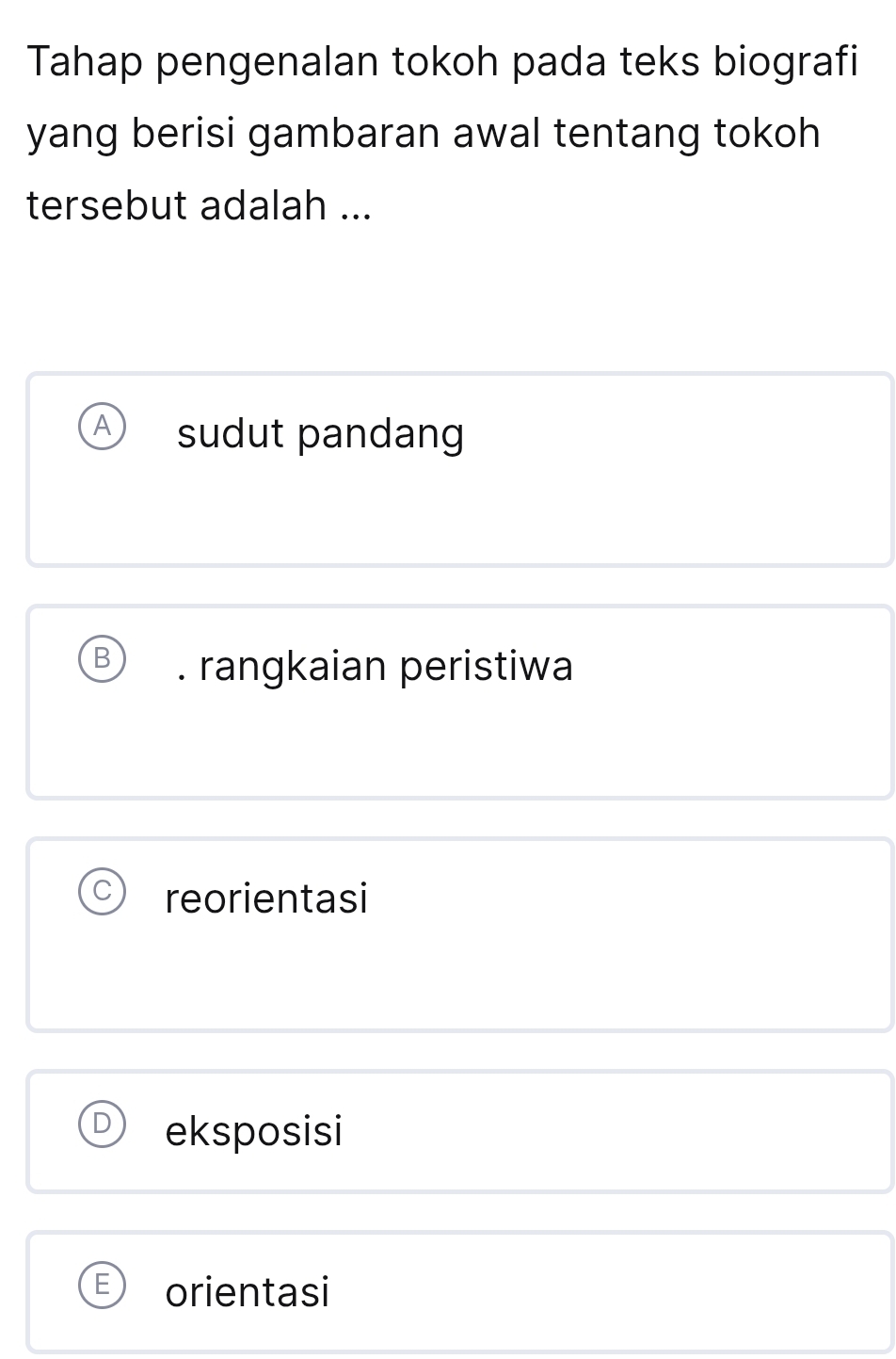 Tahap pengenalan tokoh pada teks biografi
yang berisi gambaran awal tentang tokoh 
tersebut adalah ...
sudut pandang
B . rangkaian peristiwa
reorientasi
eksposisi
orientasi