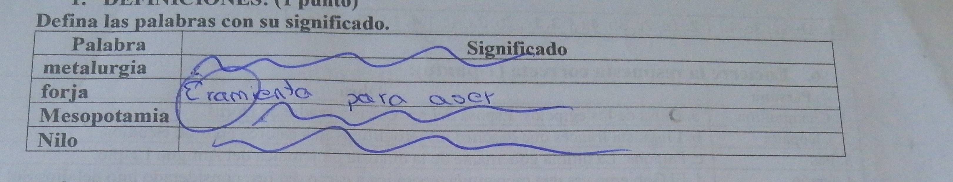 3: ( 1 punto)
Defina las palabras con su significado.
Palabra
Significado
metalurgia
forja
Mesopotamia
Nilo