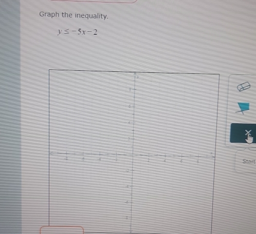 Graph the inequality.
y≤ -5x-2
Start