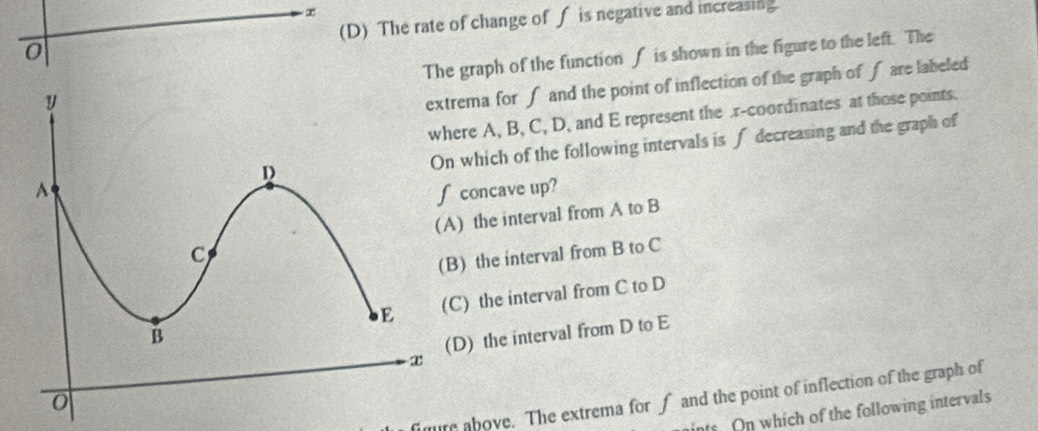 ∞
0 (D) The rate of change of f is negative and increasing.
The graph of the function ∫ is shown in the figure to the left. The
rema for ∫ and the point of inflection of the graph of f are labeled
ere A, B, C, D, and E represent the x-coordinates at those points.
which of the following intervals is ∫ decreasing and the graph of
concave up?
) the interval from A to B
) the interval from B to C
C) the interval from C to D
D) the interval from D to E
fimre above. The extrema for f and the point of inflection of the graph of
ints On which of the following intervals