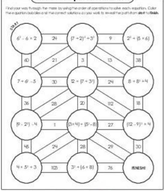 find your way th lough, the maze, by using the arder of ose tations to sove, each, equation, Collan
the e quation bub blles a nd the coneict sollutions a s you works to sevea the p ath tham sa t to Finksh