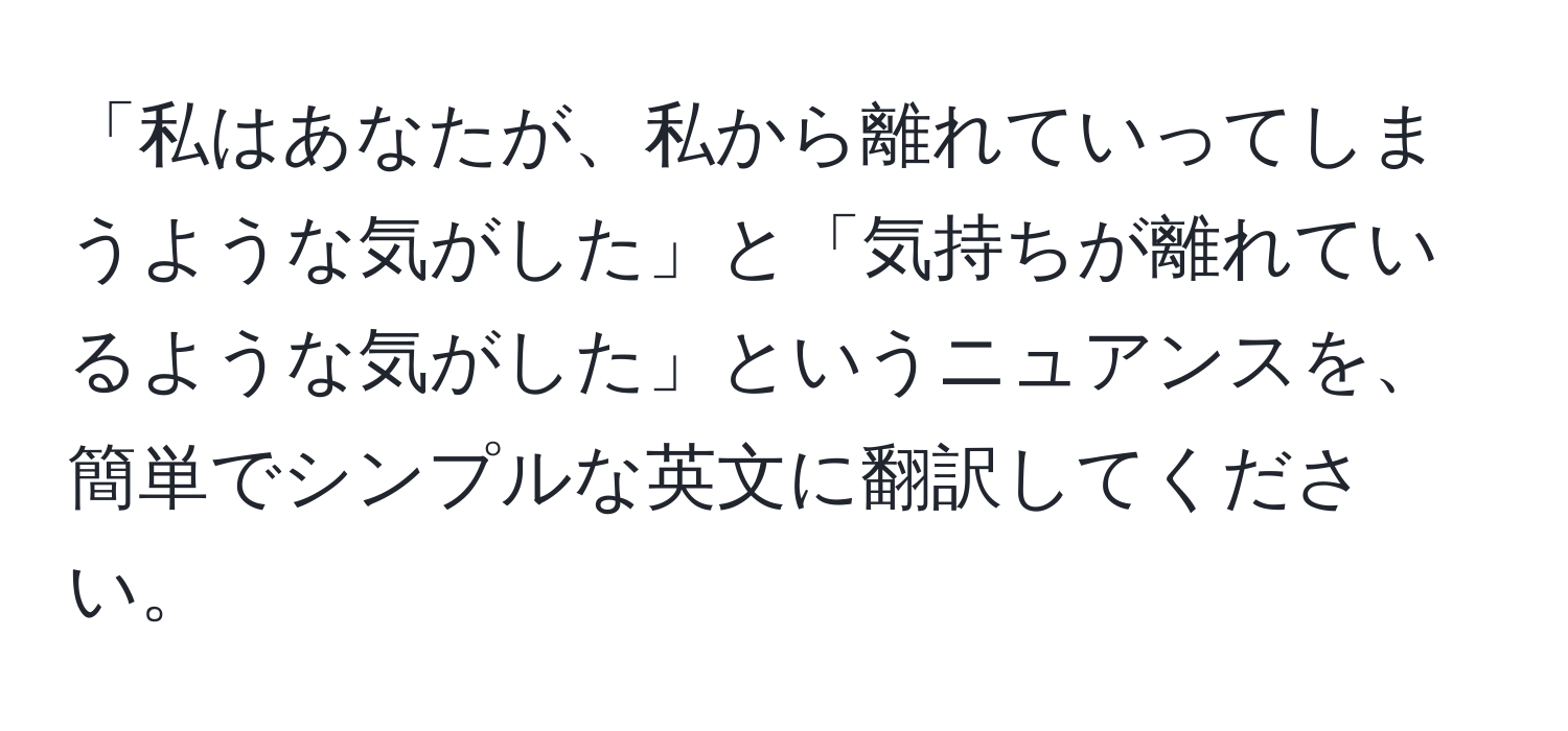 「私はあなたが、私から離れていってしまうような気がした」と「気持ちが離れているような気がした」というニュアンスを、簡単でシンプルな英文に翻訳してください。