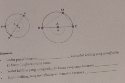 M
Temuan: 
Sudut pusat besarnya _kali sudut keliling yang menghadap 
ke busur lingkaran yang sama. 
Sudut keliling yang menghadap ke busur yang sama besarnya 
_ 
Sudut keliling yang menghadap ke diameter besarnya