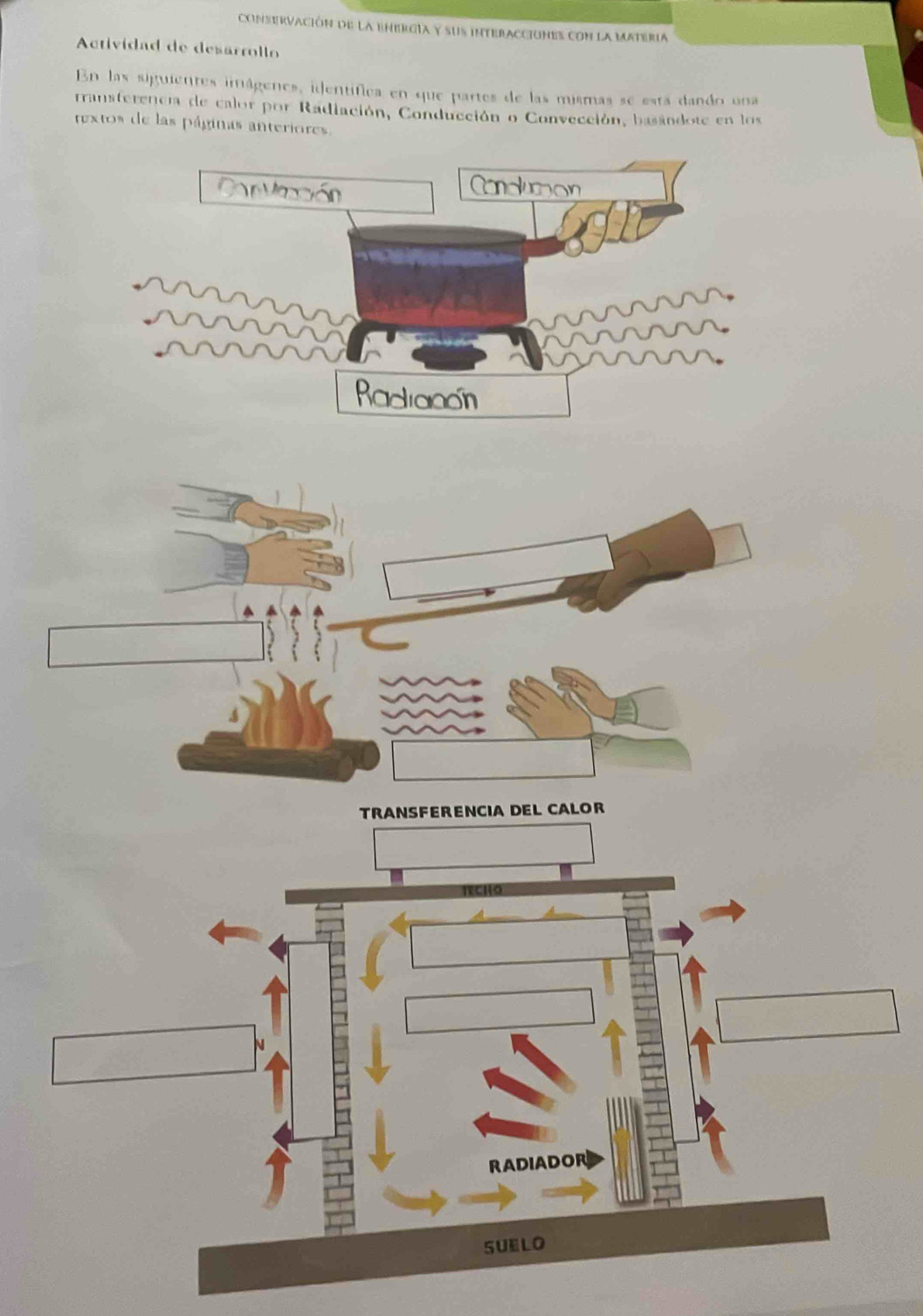 conservación de la energía y sus interacciones con la materia 
Actividad de desarrollo 
En las siguientes imágenes, identífica en que partes de las mismas se está dando una 
transferencia de calor por Radiación, Conducción o Convección, basandote en los 
rextos de las páginas anteriores. 
TRANSFERENCIA DEL CALOR