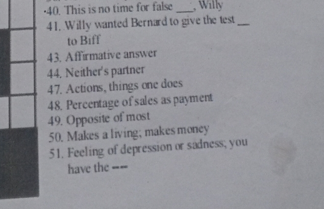 This is no time for false _, Willy 
41. Willy wanted Bernard to give the test_ 
to Biff 
43. Affirmative answer 
44. Neither's partner 
47. Actions, things one does 
48. Percentage of sales as payment 
49. Opposite of most 
50. Makes a living; makes money 
51. Feeling of depression or sadness; you 
have the ----