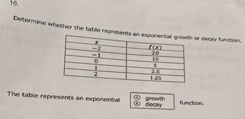 Determine whether the table represents  or decay function.
The table represents an exponential growth function.
decay