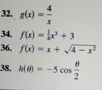 g(x)= 4/x 
34. f(x)= 1/4 x^3+3
36. f(x)=x+sqrt(4-x^2)
38. h(θ )=-5cos  θ /2 