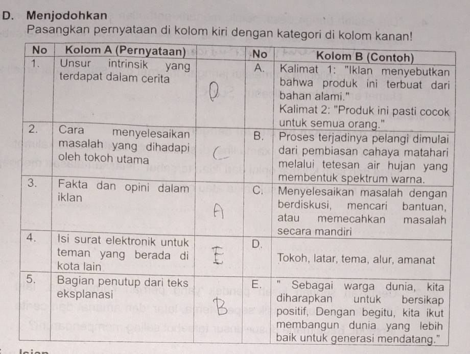 Menjodohkan 
Pasangkan pernyataan di ko 
baik untuk generasi mendatang.”