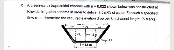 A clean-earth trapezoidal channel with n=0.022 shown below was constructed at
Khwidzi irrigation scheme in order to deliver 7.5m^3/ s of water. For such a specified
flow rate, determine the required elevation drop per km channel length. (5 Marks)