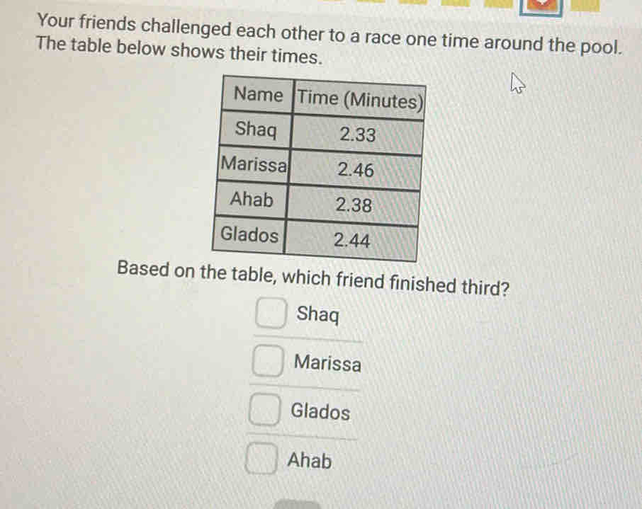 Your friends challenged each other to a race one time around the pool.
The table below shows their times.
Based on the table, which friend finished third?
Shaq
Marissa
Glados
Ahab