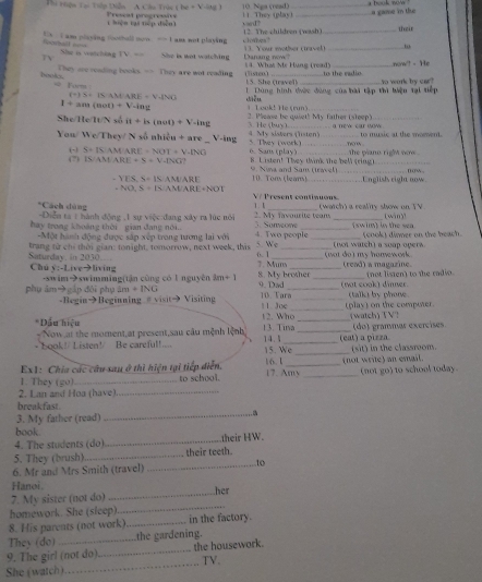 bc+Y-ac
Thi tện Tại Tiếp Diễn  A Cha Trêu ( Preseat progresive 11. They (play) 10 Nga (read) __i book now '' a game 'm th 
1 hiện tại tiếp diễn) yard?
fnorhall ne Us I am playing football noo —- I ass not playing  12. The children (wash ) _their
clabes
P Danang now? 13. Your mother (travel)_
She is watching TV -- She is nat watching
They we voading books. - They are wot reading 14. What Me Hung (read)  o the radio now? - He
boaks
e 
s Furm
15. She (travel)
(+)S+ISAMARE=Y.INO 1 Dùng hình thức dúng của bài tập thì biện tại tiếp to work by car
1+am(aot)+V-ing 1 T ook! He (rm)_
She/He/It/N số it+h(not)+V-ing  He (buy ) 2. Mease be quiet! My father (sleep)
You/We/They/ N số nhiệu + are    V-ig 5. They (work) 4. My sisters (listen)_ to music at the moment.
T 
(2) (-) S=ISAMARE=NOT=V.ING 6. Sam (play) 8. Listen! They think the bell (ring) the plano right sow .
IS/AM/ARE+S=V.DiO?
9  N i n a  and am (tra ve )
-YFS,S=ISAMARE 10. Tom (leans) __English right now. mss
-NO,S=ISAM/ARE+NOT
V/ Present continuous.
*Cách dùng Diễn ta 1 hành động ,1 sự việc đang xây ra lúc nói 1. 【 2. My Tavourite teans (watch) a reality show on TV. [wán]ì
Thay trong khoảng thời gian đang nói. 4. Two people 3. Someone  i swnt in the sea (cook) dinner on the heach
-Một hành động được sắp xếp trong tương lai với
Saturdav, in 2030  trang từ chỉ thời gian: tonight, tomorrow, next week, this 6. 1 5. We _(wat do) my homework  (101 watch) a sogp opera
7. Muns
Chú x:-Li veliving 8. My brother (read) a magazine.
phụ âm → cấp đội phụ -swim→swimming(tận cùng có l nguyên âm+ 1 9. Dad 10. Vara _(not cook) dinner. (not listen) to the radio.
am+ING
_
-Begin→Beginning #visit→ Visiting 11.Joe (play) on the compoter. (talk) by phone.
*Dấu hiệu 12. Who _   wac   T V 
- Now at the moment,at present,sau câu mệnh lệnh 13. Tina 14.5 _ (eat) a pizza (do) grammar exercises
Book!/ Listen!/ Be careful!.... 15. We _(sit) in the classroom.
Ex1: Chia các câu sau ở thì hiện tại tiếp diễn. 16. 1 _(not write) an email.
1. They (go) to school. 17. Amy _(not go) to school today.
2. Lan and Hoa (have)_
break fast
3. My father (read)_
book.
4. The students (do)_ their HW.
5. They (brush)_ their teeth.
6. Mr and Mrs Smith (travel)_
.to
Hanoi.
7. My sister (not do) _her
homework. She (sleep)
_
8. His parents (not work) _in the factory.
They (do) the gardening.
_
9. The girl (not do)_ the housework.
TV.
She (watch)